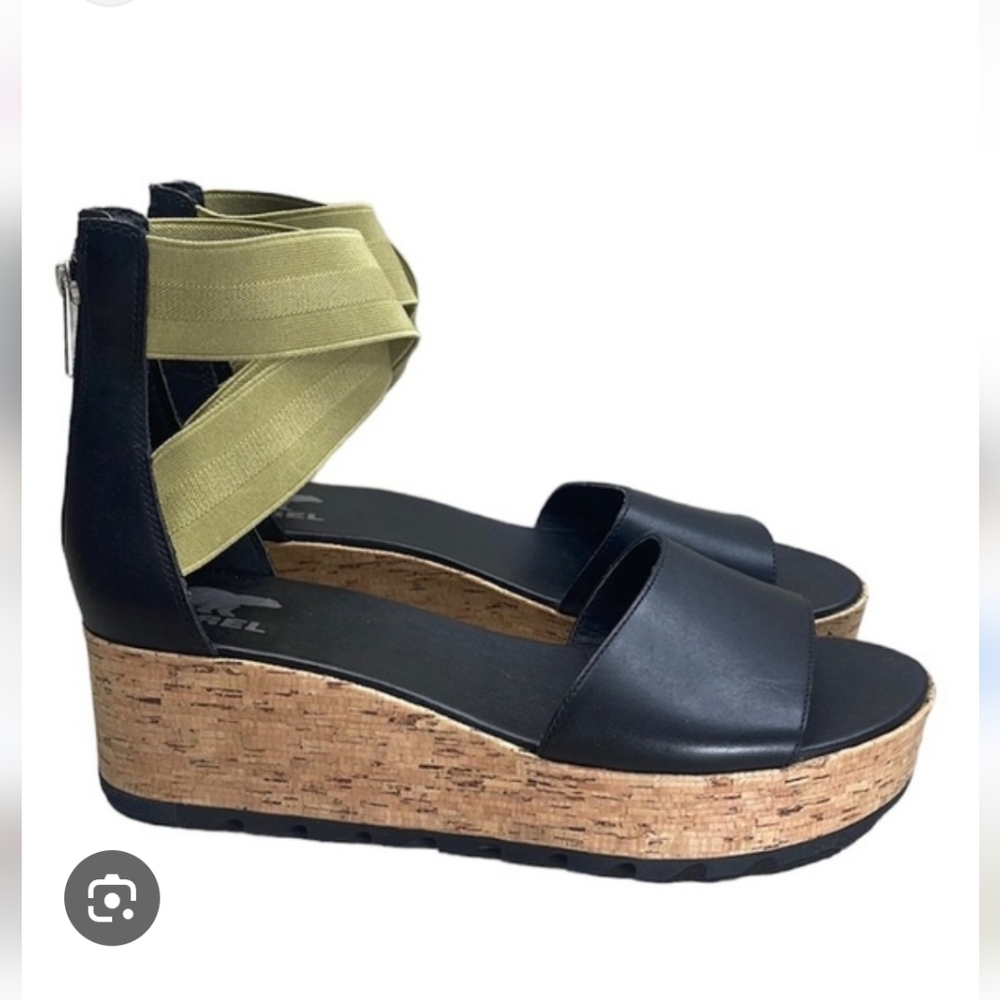 Sorel Black Leather Cork Platform Wedge Sandals with Olive Wrap